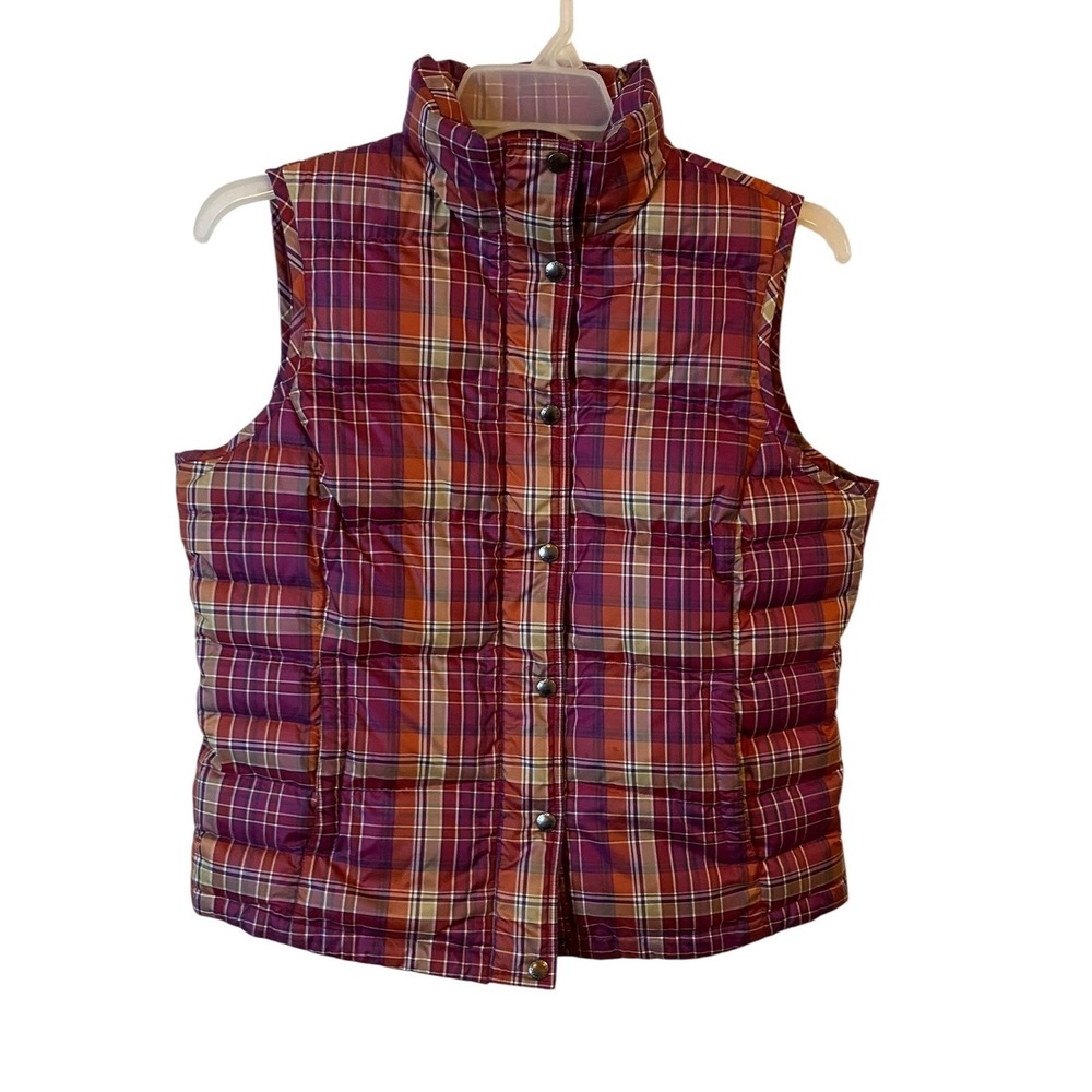 Lands End Womens Red Plaid Down Puffer Vest Medium 10-12 Quilted Snap Front